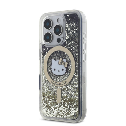 Apple iPhone 16 Pro Max Kılıf Hello Kitty Orjinal Lisanslı M-safe Şarj Özellikli IML Baskı Kitty Head Logolu Sıvılı Simli Altın Ateşi Kapak Siyah