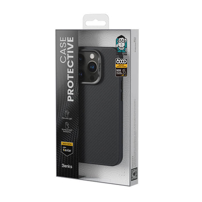 Apple iPhone 16 Pro Max Kılıf Karbon Fiber M-safe Şarj Özellikli Benks Hybrid ArmorPro 600D Kevlar Kapak Siyah