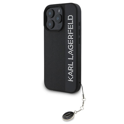 Apple iPhone 16 Pro Max Kılıf Karl Lagerfeld Orjinal Lisanslı Anahtarlıklı Taşlı KL Yazılı Saffiano Rhinestones Kapak Siyah