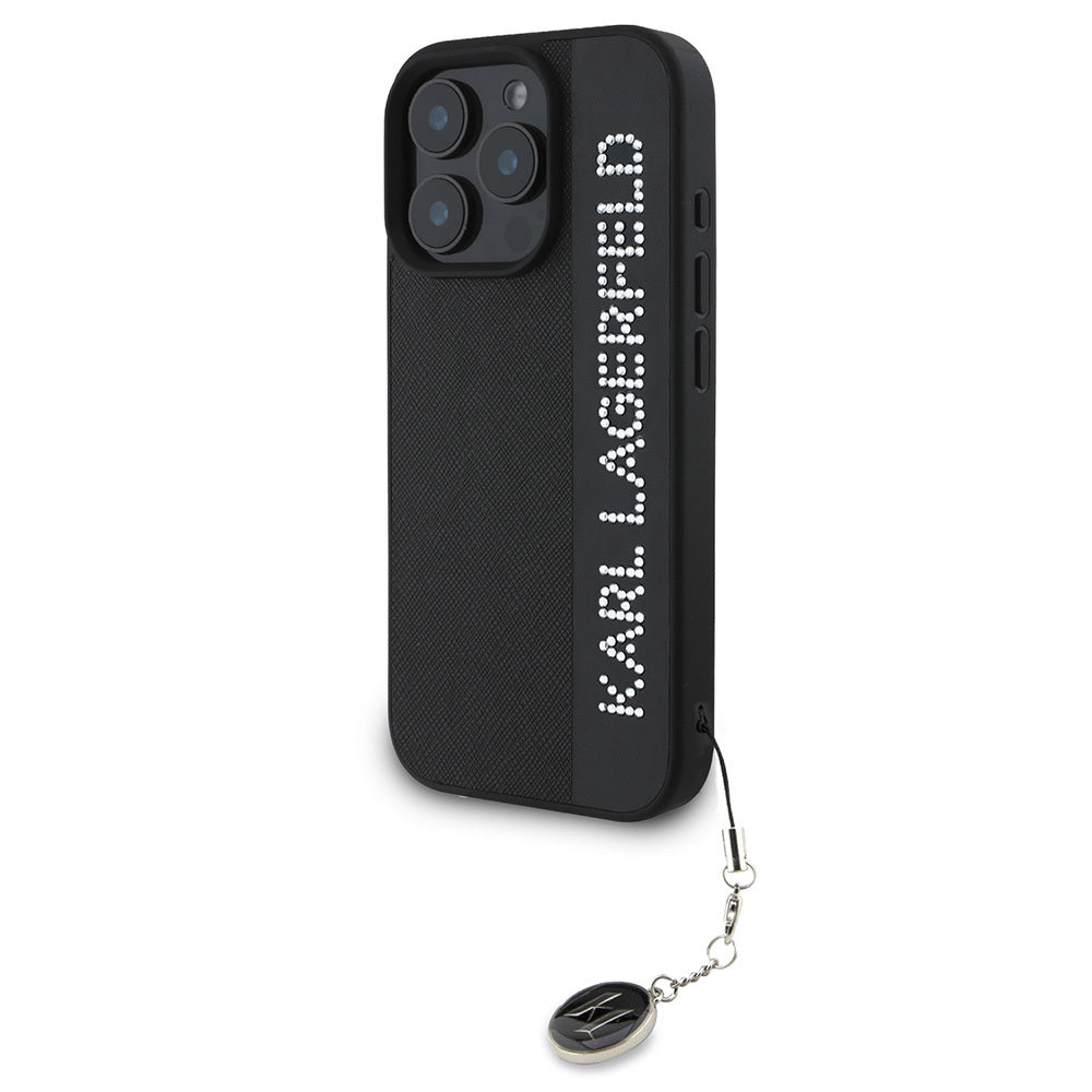 Apple iPhone 16 Pro Max Kılıf Karl Lagerfeld Orjinal Lisanslı Anahtarlıklı Taşlı KL Yazılı Saffiano Rhinestones Kapak Pembe