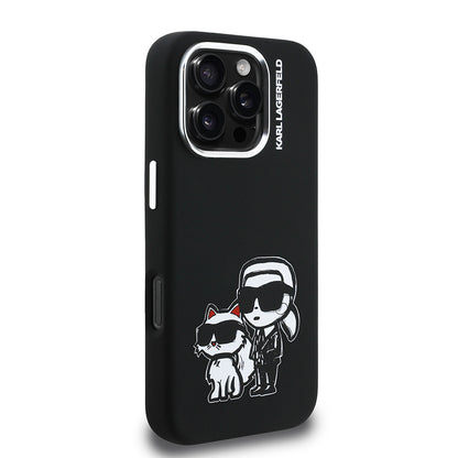 Apple iPhone 16 Pro Max Kılıf Karl Lagerfeld Orjinal Lisanslı Karl & Choupette Sketch Logo Sililkon Kapak Siyah