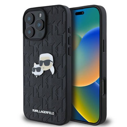 Apple iPhone 16 Pro Max Kılıf Karl Lagerfeld Orjinal Lisanslı K&C Heads Monogram Pin Kapak Siyah
