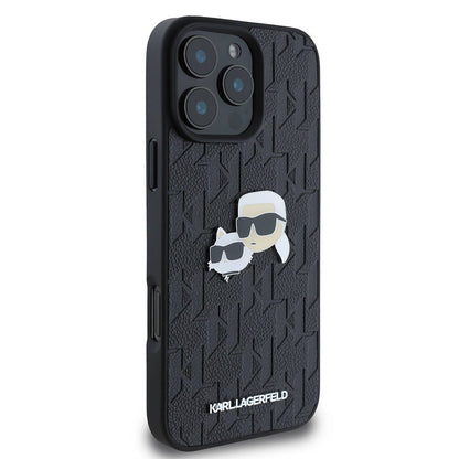 Apple iPhone 16 Pro Max Kılıf Karl Lagerfeld Orjinal Lisanslı K&C Heads Monogram Pin Kapak Siyah