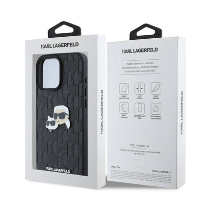 Apple iPhone 16 Pro Max Kılıf Karl Lagerfeld Orjinal Lisanslı K&C Heads Monogram Pin Kapak Siyah