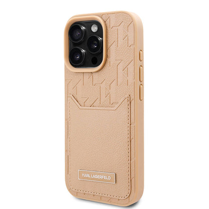 Apple iPhone 16 Pro Max Kılıf Karl Lagerfeld Orjinal Lisanslı KL Desenli Kartlıklı Monogram Kapak Kahverengi