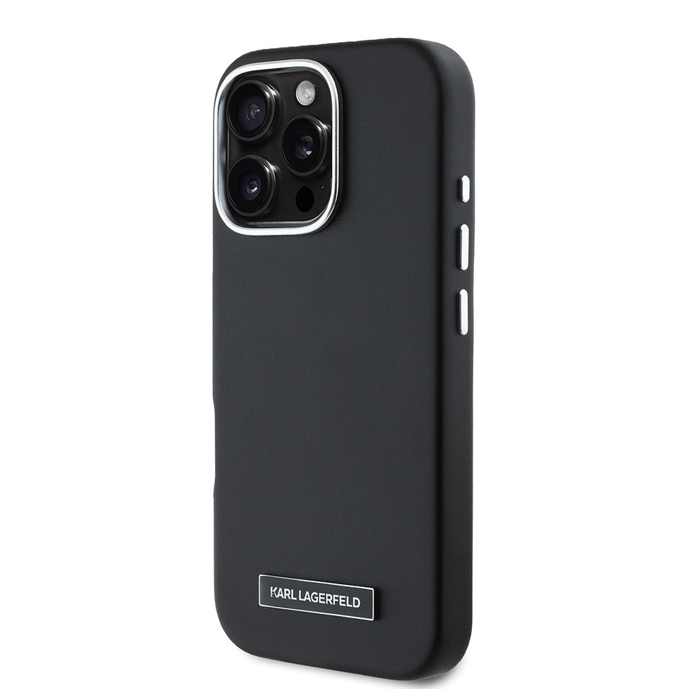 Apple iPhone 16 Pro Max Kılıf Karl Lagerfeld Orjinal Lisanslı M-safe Şarj Özellikli Metal Kamera ve Buton Tasarımlı Plaka Logolu PU Deri Kapak Siyah
