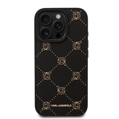 Apple iPhone 16 Pro Max Kılıf Karl Lagerfeld Orjinal Lisanslı M-safe Şarj Özellikli PU Deri Karl Heads Desenli Klasik Logolu Kapak Siyah