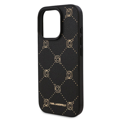 Apple iPhone 16 Pro Max Kılıf Karl Lagerfeld Orjinal Lisanslı M-safe Şarj Özellikli PU Deri Karl Heads Desenli Klasik Logolu Kapak Siyah