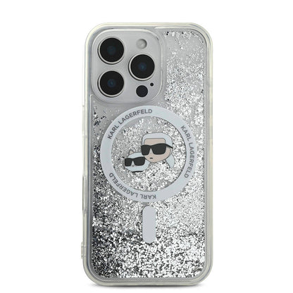 Apple iPhone 16 Pro Max Kılıf Karl Lagerfeld Orjinal Lisanslı M-safe Şarj Özellikli Sıvılı Simli KC Heads Kapak Şeffaf
