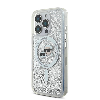 Apple iPhone 16 Pro Max Kılıf Karl Lagerfeld Orjinal Lisanslı M-safe Şarj Özellikli Sıvılı Simli KC Heads Kapak Şeffaf
