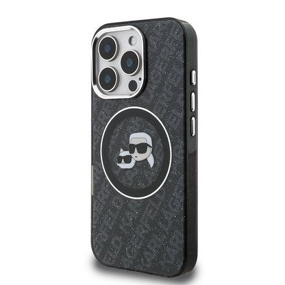 Apple iPhone 16 Pro Max Kılıf Karl Lagerfeld Orjinal Lisanslı Parlayan Simli Karl & Choupette Heads Kapak Siyah