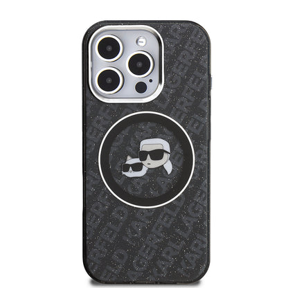 Apple iPhone 16 Pro Max Kılıf Karl Lagerfeld Orjinal Lisanslı Parlayan Simli Karl & Choupette Heads Kapak Siyah