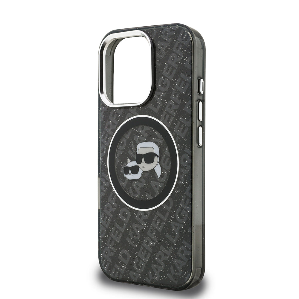 Apple iPhone 16 Pro Max Kılıf Karl Lagerfeld Orjinal Lisanslı Parlayan Simli Karl & Choupette Heads Kapak Siyah