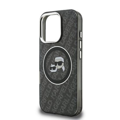 Apple iPhone 16 Pro Max Kılıf Karl Lagerfeld Orjinal Lisanslı Parlayan Simli Karl & Choupette Heads Kapak Siyah