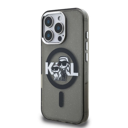 Apple iPhone 16 Pro Max Kılıf Karl Lagerfeld Orjinal Lisanslı Parlayan Simli Karl & Choupette Sketch Logo Kapak Siyah