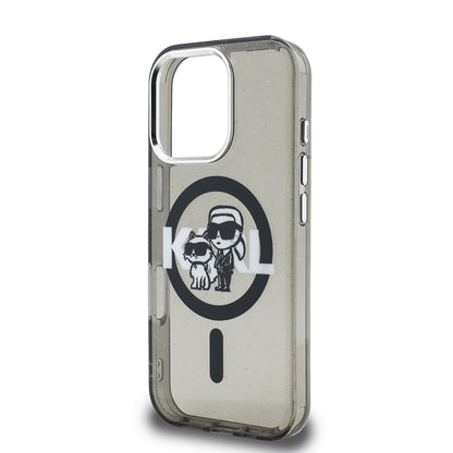 Apple iPhone 16 Pro Max Kılıf Karl Lagerfeld Orjinal Lisanslı Parlayan Simli Karl & Choupette Sketch Logo Kapak Siyah