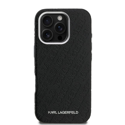 Apple iPhone 16 Pro Max Kılıf Karl Lagerfeld Orjinal Lisanslı PU Deri Damgalı Metal Yazı Logolu Kapak Siyah