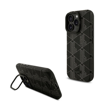 Apple iPhone 16 Pro Max Kılıf Lacoste Orjinal Lisanslı M-safe Şarj Özellikli Standlı PU Deri Karışık Monogram Desenli Kapak