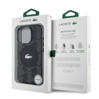 Apple iPhone 16 Pro Max Kılıf Lacoste Orjinal Lisanslı M-safe Şarj Özellikli IML Baskılı Gümüş Timsah Logolu Monogram Kapak Siyah