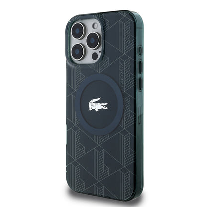 Apple iPhone 16 Pro Max Kılıf Lacoste Orjinal Lisanslı M-safe Şarj Özellikli IML Baskılı Gümüş Timsah Logolu Monogram Kapak Yeşil