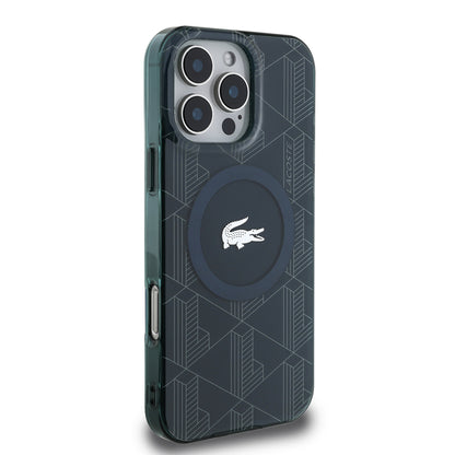 Apple iPhone 16 Pro Max Kılıf Lacoste Orjinal Lisanslı M-safe Şarj Özellikli IML Baskılı Gümüş Timsah Logolu Monogram Kapak Siyah