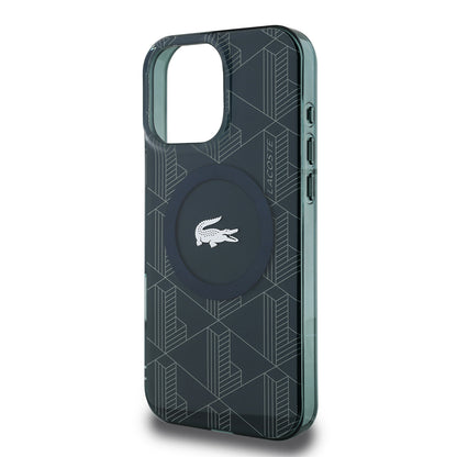 Apple iPhone 16 Pro Max Kılıf Lacoste Orjinal Lisanslı M-safe Şarj Özellikli IML Baskılı Gümüş Timsah Logolu Monogram Kapak Siyah