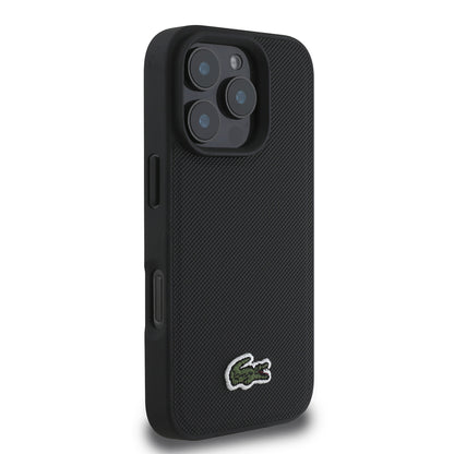 Apple iPhone 16 Pro Max Kılıf Lacoste Orjinal Lisanslı PU Pike Desenli Arka Yüzey İkonik Timsah Dokuma Logolu Kapak + Type-C Kablo 1.5m Siyah