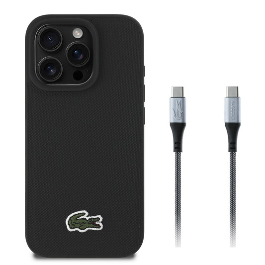 Apple iPhone 16 Pro Max Kılıf Lacoste Orjinal Lisanslı PU Pike Desenli Arka Yüzey İkonik Timsah Dokuma Logolu Kapak + Type-C Kablo 1.5m Siyah