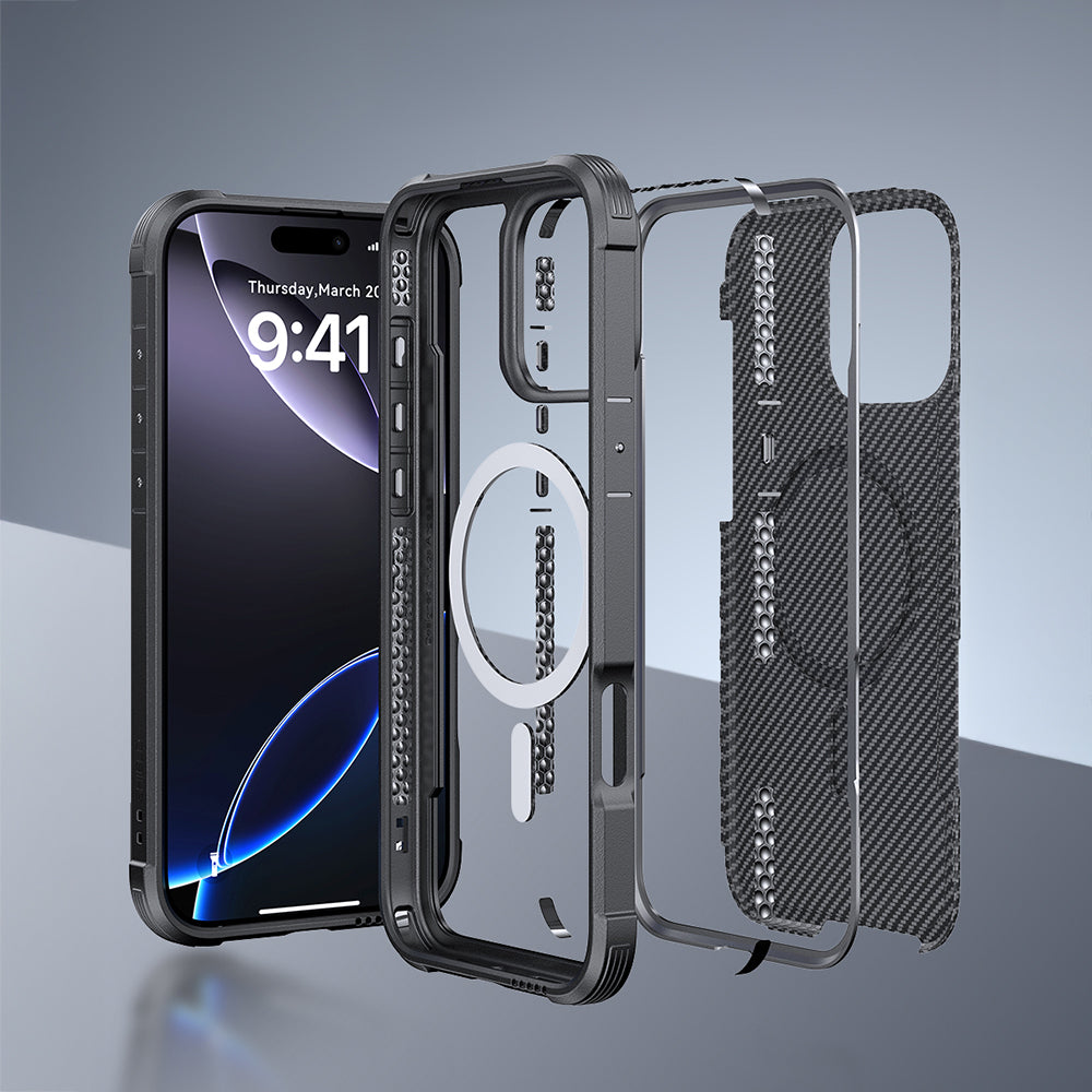 Apple iPhone 16 Pro Max Kılıf M-safe Şarj Özellikli Airbagli Raptic Apex Serisi Karbon Fiber Tasarımlı Kapak Siyah