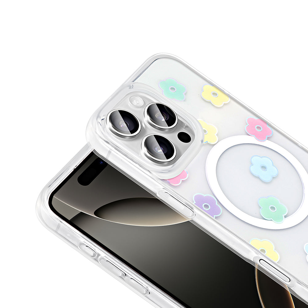 Apple iPhone 16 Pro Max Kılıf M-Safe Şarj Özellikli Şeffaf Zore Folk Sert Kapak Papatya