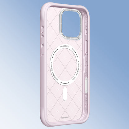 Apple iPhone 16 Pro Max Kılıf M-safe Şarj Özellikli Youngkit Argyle Serisi Kapak Pembe