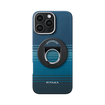 Apple iPhone 16 Pro Max Kılıf M-safe Şarj Özellikli Grip 3 Standlı Aramid Fiber Pitaka Tactile Woven Sunset-Moonrise Serisi Moonrise Kapak Mavi