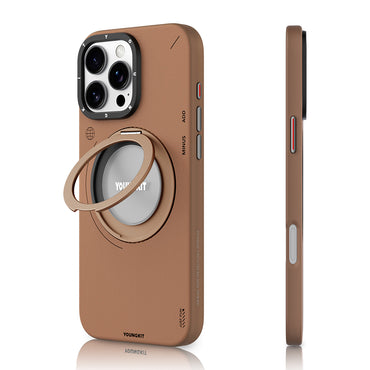 Apple iPhone 16 Pro Max Kılıf M-safe Şarj Özellikli 360° Standlı Basit Mat Deri Desenli Youngkit Tech Leather Serisi Kapak Kahverengi