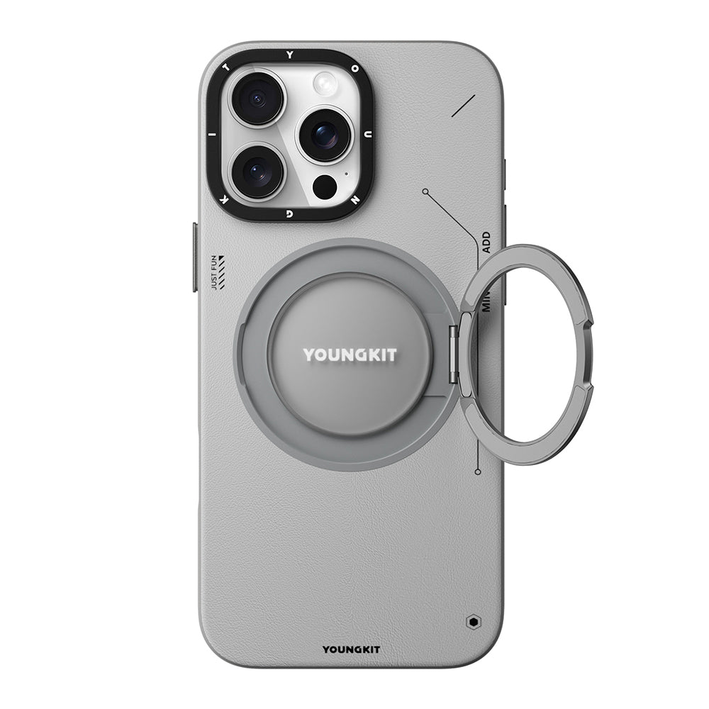 Apple iPhone 16 Pro Max Kılıf M-safe Şarj Özellikli 360° Standlı Basit Mat Deri Desenli Youngkit Tech Leather Serisi Kapak Gri