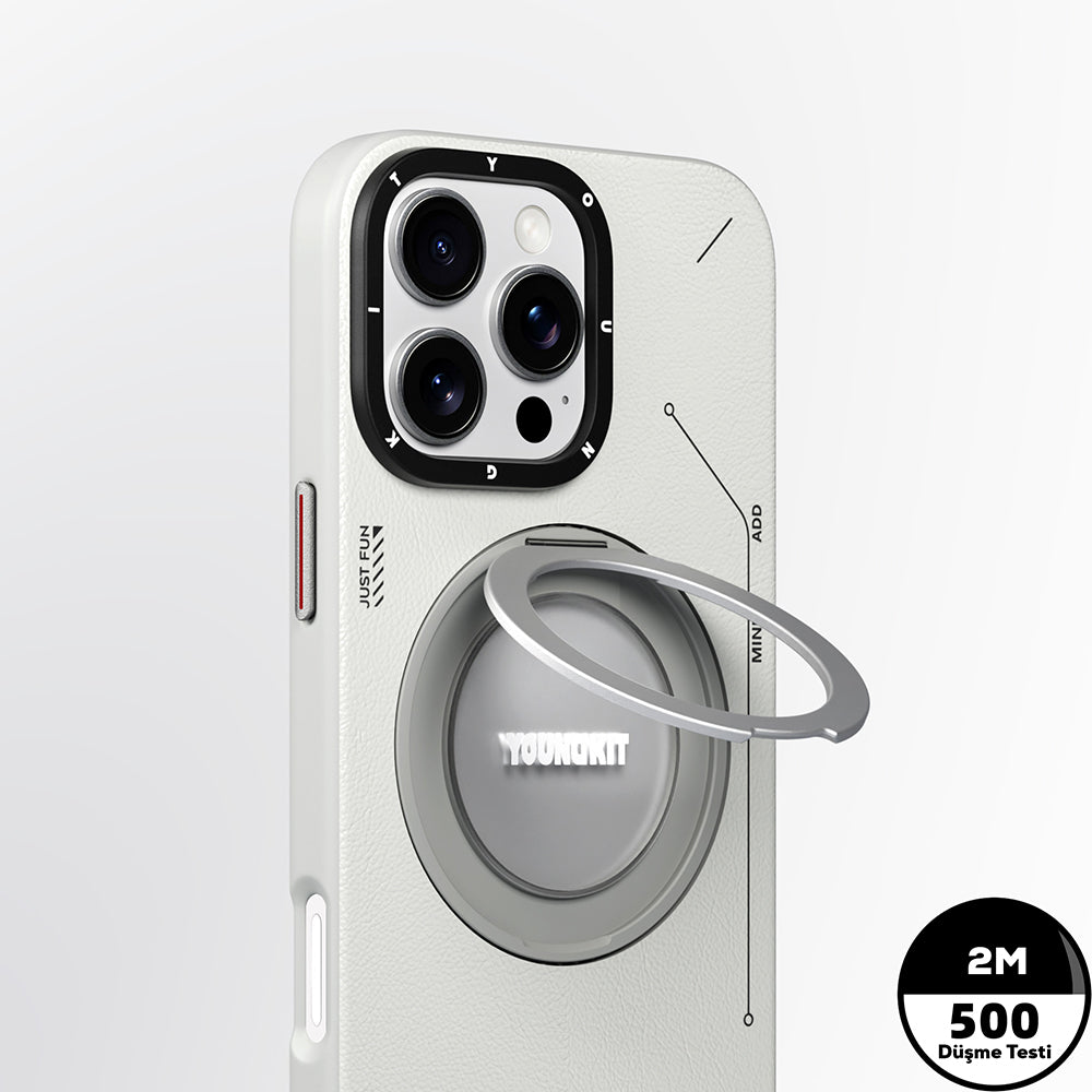 Apple iPhone 16 Pro Max Kılıf M-safe Şarj Özellikli 360° Standlı Basit Mat Deri Desenli Youngkit Tech Leather Serisi Kapak Gri