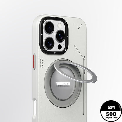 Apple iPhone 16 Pro Max Kılıf M-safe Şarj Özellikli 360° Standlı Basit Mat Deri Desenli Youngkit Tech Leather Serisi Kapak Kahverengi