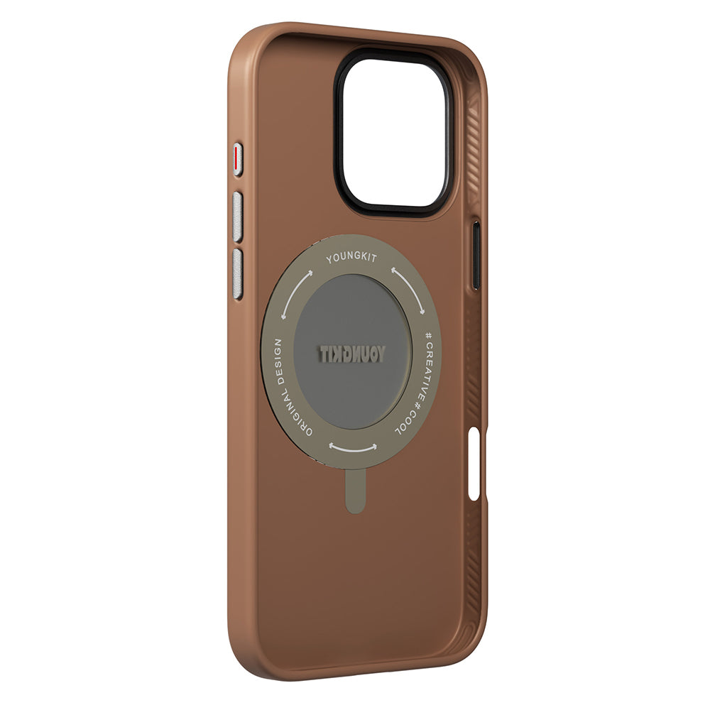 Apple iPhone 16 Pro Max Kılıf M-safe Şarj Özellikli 360° Standlı Basit Mat Deri Desenli Youngkit Tech Leather Serisi Kapak Kahverengi
