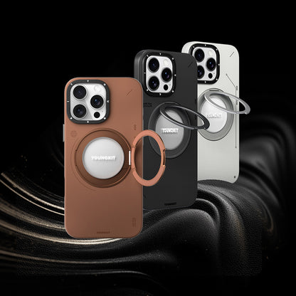 Apple iPhone 16 Pro Max Kılıf M-safe Şarj Özellikli 360° Standlı Basit Mat Deri Desenli Youngkit Tech Leather Serisi Kapak Gri