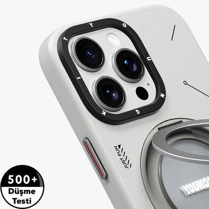 Apple iPhone 16 Pro Max Kılıf M-safe Şarj Özellikli 360° Standlı Basit Mat Deri Desenli Youngkit Tech Leather Serisi Kapak Kahverengi