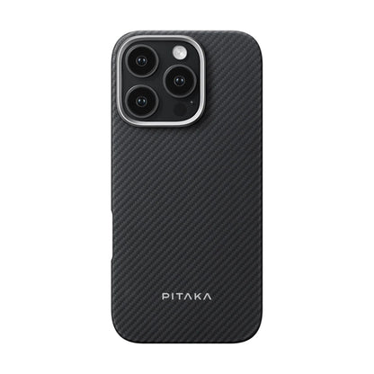 Apple iPhone 16 Pro Max Kılıf M-safe Şarj Özellikli 600D Aramid Fiber Pitaka Ultra-Slim Classic Serisi Black-Grey Twill Kapak Siyah