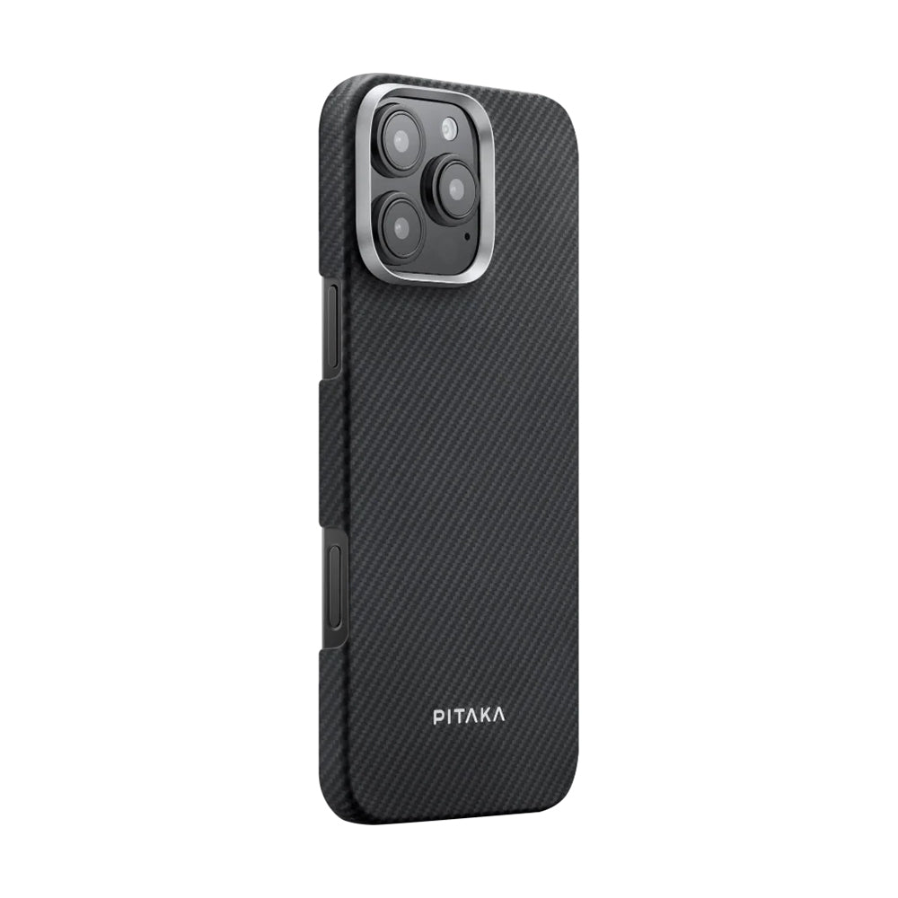 Apple iPhone 16 Pro Max Kılıf M-safe Şarj Özellikli 600D Aramid Fiber Pitaka Ultra-Slim Classic Serisi Black-Grey Twill Kapak Siyah