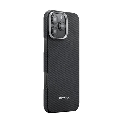 Apple iPhone 16 Pro Max Kılıf M-safe Şarj Özellikli 600D Aramid Fiber Pitaka Ultra-Slim Classic Serisi Black-Grey Twill Kapak Siyah