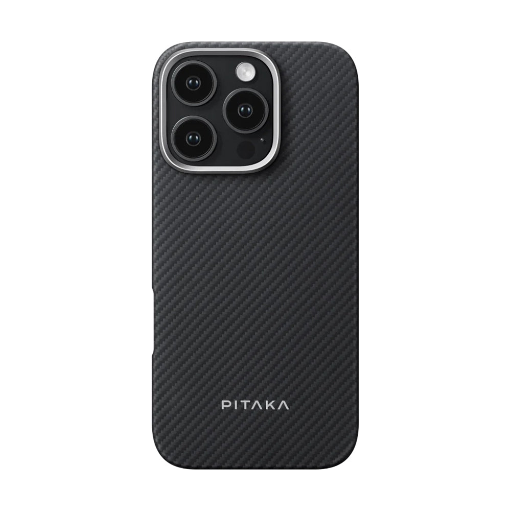 Apple iPhone 16 Pro Max Kılıf M-safe Şarj Özellikli 600D Aramid Fiber Pitaka Ultra-Slim Classic Serisi Black-Grey Twill Kapak Siyah