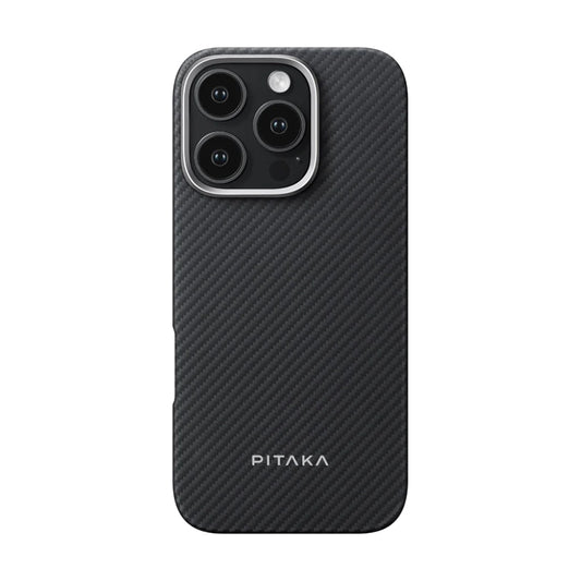 Apple iPhone 16 Pro Max Kılıf M-safe Şarj Özellikli 600D Aramid Fiber Pitaka Ultra-Slim Classic Serisi Black-Grey Twill Kapak Siyah