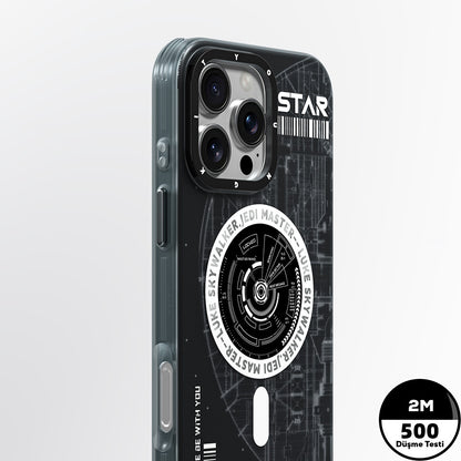 Apple iPhone 16 Pro Max Kılıf M-safe Şarj Özellikli Airbagli Hologram Tasarımlı Youngkit Interstellar Serisi Kapak Siyah-Turuncu