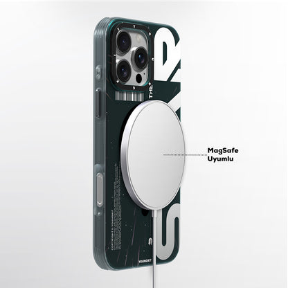 Apple iPhone 16 Pro Max Kılıf M-safe Şarj Özellikli Airbagli Hologram Tasarımlı Youngkit Interstellar Serisi Kapak Siyah-Turuncu