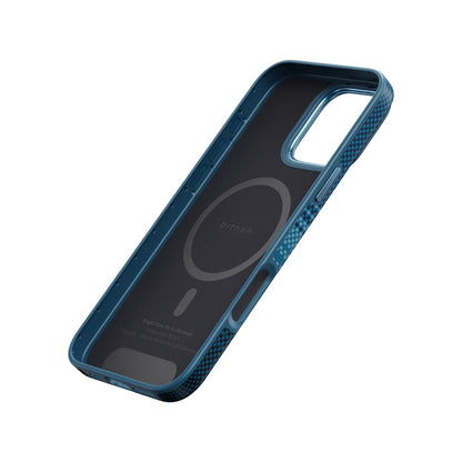 Apple iPhone 16 Pro Max Kılıf M-safe Şarj Özellikli Aramid Fiber Pitaka Military-Grade Sunset-Moonrise Serisi Moonrise Kapak Mavi