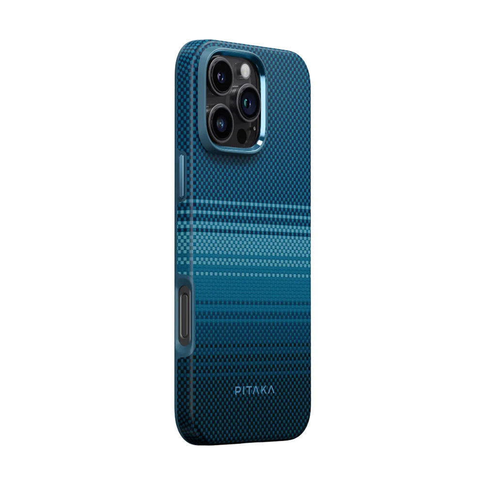 Apple iPhone 16 Pro Max Kılıf M-safe Şarj Özellikli Aramid Fiber Pitaka Military-Grade Sunset-Moonrise Serisi Moonrise Kapak Mavi