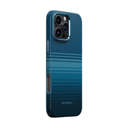 Apple iPhone 16 Pro Max Kılıf M-safe Şarj Özellikli Aramid Fiber Pitaka Military-Grade Sunset-Moonrise Serisi Moonrise Kapak Mavi
