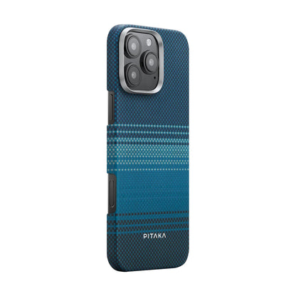 Apple iPhone 16 Pro Max Kılıf M-safe Şarj Özellikli Aramid Fiber Pitaka Tactile Woven Sunset-Moonrise Serisi Moonrise Kapak Mavi